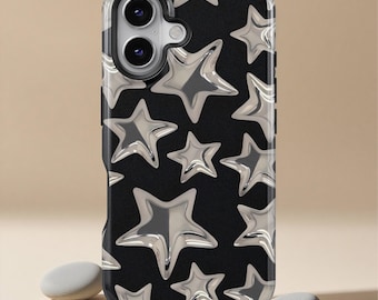 Silver Star phone case, sturdy and durable, Y2k, black, star pattern Cover for iPhone 17 16 15 14 13 12 11 Pro Max, Samsung S25 S24 S23 S22