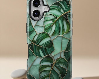 Monstera Leaf glas-in-lood telefoonhoesje, art deco botanisch esthetische cover, iPhone 17 16 15 14 13 12 11 Pro Max, Samsung Galaxy S26 S25 S24