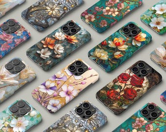 Gebrandschilderd glas bloemen telefoonhoesje, vintage bloem beschermhoes, elegante botanische kunst hoes voor iPhone 17 16 15 14 13 12 11 +, Samsung S26