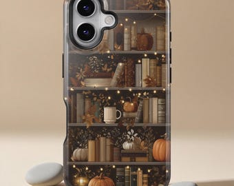 Cozy Fall Book Shelf Phone Case, Coffee Pumpkin Whimsical, iPhone 17 16 15 14 Pro Max XS, iPhone 13 12 Mini Case, Samsung S25 S24 S23 Ultra
