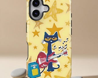 Leuke gitaar kat telefoonhoesje, cartoon rockster kat cover, muziekliefhebber cadeau voor iPhone 17 16 15 14 13 12 11 + MagSafe, Samsung S26 nieuwigheid cadeau