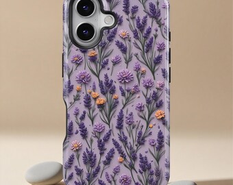 Lavendel bloemen telefoonhoesje, boho wilde bloemen cover, schattige vintage bloem case voor iPhone 17 16 15 14 13 12 11 Pro Max Magsafe, Samsung S26 S25