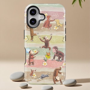 Söt apa tecknad telefonskal, lekfullt kawaii djurskal, retro barnillustration estetiskt iPhone 17 16 15 14 13 12 Pro Max, Samsung S26