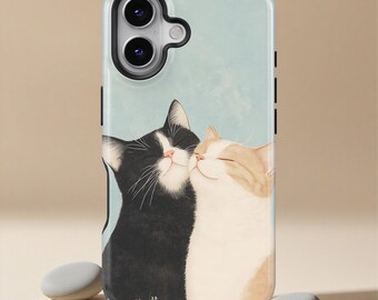 Funda para teléfono con adorable pareja de gatos, con ilustración romántica de gatitos, para iPhone 17, 16, 15, 14, 13, 12, 11 Pro Max y Samsung S26 y S24, con diseño de mascota.