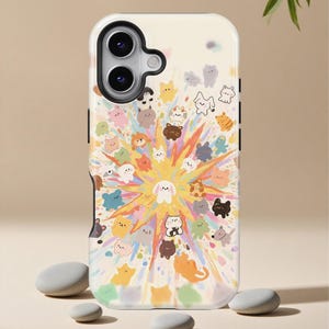 May include: A phone case featuring a whimsical design of cartoon animals bursting from a central point. The case has a cream-colored background with a colorful explosion of cats, dogs, and other creatures. The case has a glossy finish and a camera cutout.