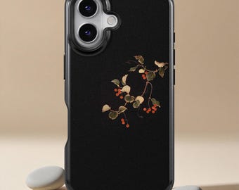 iPhone-hoesje framboos bloemen, retro inkt schilderij cover voor iPhone 17 16 15 14 13 12 11 Pro Max, Samsung Galaxy S25 S24 S23 S22 S21 S20 Ultra