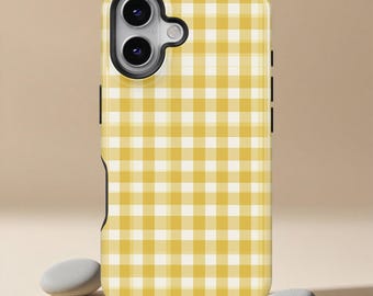 Telefoonhoesje strepen, telefoonhoesje geel tafelkleed gingham, iPhone 17 16 15 14 13 12 11 Pro Max XS, Samsung Galaxy S25 S24 S23 S22 S21 Ultra