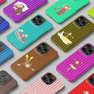 May include: A collection of colorful phone cases featuring a cartoon monkey in various poses. The cases have striped backgrounds in shades of red, pink, purple, blue, green, and brown. The monkey is depicted with a cowboy hat, surfing, and playing a guitar.