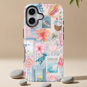 May include: A phone case featuring a beach-themed collage. The design incorporates seashells, a pink flamingo, a turtle, and the text "Coastal Life" and "New Yorker". The background has a striped pattern.