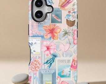 Coastal Collage Phone Case voor iPhone 17 16 15 14 13 12 11 Pro Max, Seashell Flamingo Beach telefoonhoes voor Samsung Galaxy S23 S24 S25