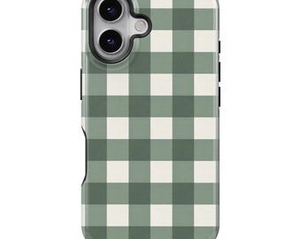 Green Gingham Phone Case for iPhone 17 16 15 14 13 12 Pro Max, Cottagecore Checkerboard Cover for Samsung Galaxy S25 S24 S23 S22 S21 Ultra