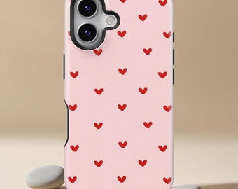 Funda con corazones rosas para iPhone 17, 16, 15, 14, 13 y 12, Samsung S25, S24 y S23 Ultra, con un bonito diseño de corazones rojos y estética minimalista.