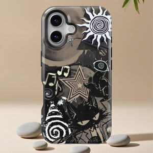 May include: A clear phone case with a black and white graphic design. The design includes a sun, stars, musical notes, and a cat. The case is shown on a neutral background with small gray stones.