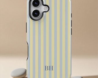 iPhone 17 16 15 14 13 12 11 Pro Max用カスタムモノグラムケース、ストライプブルーイエローの電話ケース、女の子向けSamsung S25 S24ケースビーチ電話ケース
