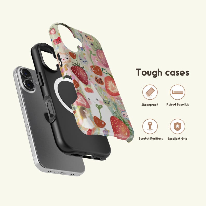 May include: A phone case with a colorful strawberry and floral pattern. The case is shown in layers, with the phone visible beneath. The text "Tough cases" is displayed with icons indicating features like shake-proof and scratch resistance.