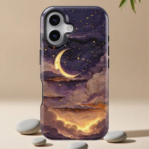 May include: A phone case with a night sky design, featuring a crescent moon, stars, and clouds in purple, gold, and dark blue. The case has a glossy finish and a protective bumper.