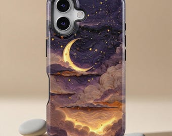 Moon Cloud Night Phone Case voor iPhone 17 16 15 14 13 12 11 Pro Max MagSafe, Dreamy Crescent Sky Cover voor Samsung Galaxy S25 S24 S23 S22