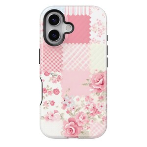May include: A floral patchwork phone case featuring a variety of pink and white patterns. The design includes gingham, floral prints, and solid pink blocks. The case has a black border and a camera cutout.