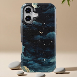 May include: A phone case featuring a night sky design with a crescent moon, stars, and clouds in shades of blue and black. The case has a black border and a camera cutout.
