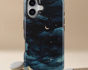 Dark Clouds with Stars, Blue Night Moon Phone Case, Fashion Phone Case, iPhone 17 16 15 14 13 12 11 Pro Max XS, Samsung Galaxy S25 S24 S23