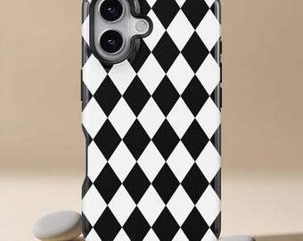 Trendy Black and White Diamond Phone Case for iPhone 17 16 15 14 13 Pro Max, Aesthetic Harlequin Checkered Pattern Cover, Minimal Chic Case