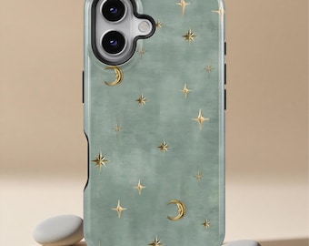 Celestial Moon Star telefoonhoesje, vintage esthetische case, minimale astrologie nachtelijke hemel iPhone 17 16 15 14 13 12 11+ Magsafe, Samsung Galaxy S26