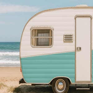 Camper vintage imprimible junto a la playa – Arte mural con atardecer costero – Descarga digital para decoración bohemia o costera