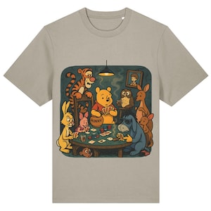 May include: A beige t-shirt with a cartoon illustration of Winnie the Pooh and friends playing poker. The image includes Tigger, Piglet, Eeyore, Owl, Rabbit, and Kanga. The text "HUNNY" is on a pot of honey. The characters are gathered around a poker table.
