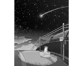 Oyasumi Punpun 'Chasing stars' Pixel Art Print (Black & White Edition) | Manga Wall Art Decor | Japanese Anime Poster | Dorm Room