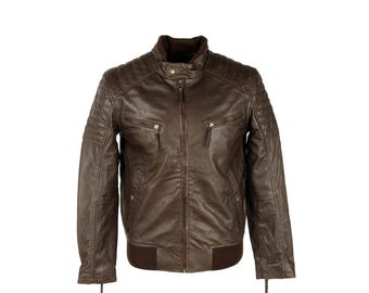 Men's Brown Real Lambskin Leather Jacket with Quilted Shoulders - Handmade Cafe Racer Style - Bomber Jacket Coat - Perfect Gift for Him
