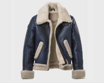 Herren Lammfell Lederjacke Aviator Bombermantel mit Pelzfutter - Schaffell Winterjacke - Handgefertigtes Geschenk für Ihn