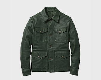 Men’s Green Leather Field Jacket | Four-Pocket Utility Coat | Button-Up Vintage Outdoor Style | Rugged Outerwear |Stylish Gift for Him