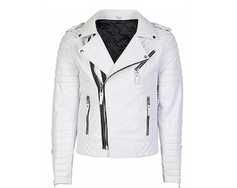 May include: White leather jacket with a classic biker style. Features include a notched collar, asymmetrical zip closure, multiple zippered pockets, quilted shoulder and sleeve detailing, and a black quilted lining. The jacket has a tailored fit and silver hardware.