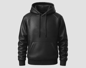 Sweat à capuche en similicuir NOIR pour homme - Veste à capuche chaude - Haut pull d'hiver décontracté - Vêtements d'extérieur doublés doux - Haut à capuche décontracté tendance pour lui