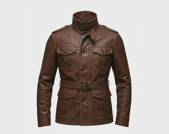 Men’s Brown Leather Field Jacket with Belt | Military Style Button-Up Coat | Premium Button Four-Pocket Front Jacket | Gift for Him
