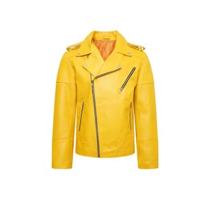 May include: A bright yellow leather jacket with a classic asymmetrical zipper closure. The jacket features a notched collar, zippered pockets, and shoulder epaulets. The interior lining is a contrasting orange color.