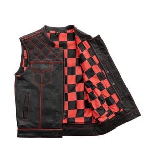 Men&#39;s Black Premium Cowhide Leather Biker&#39;s Vest - Diamond Quilted Hunt Club Vest -  Motorcycle Waistcoat Red Checker Lining Conceal Carry