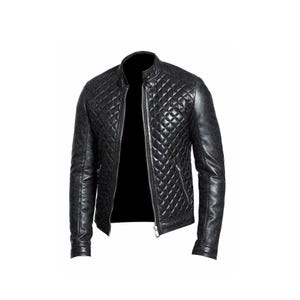 May include: Black quilted leather jacket with a stand-up collar and a full-length zipper. The jacket features a diamond pattern across the chest and sleeves. The jacket has a sleek, modern design.