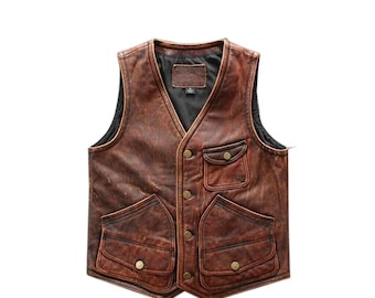Men’s Distressed Brown Leather Vest - Vintage Classic Biker Waistcoat - Motorcycle Style Sleeveless Leather Vest - Perfect Gift for Him