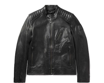 Men's Black Leather Biker Jacket -Motorbike Cafe Racer 2.0 Classic Leather Jacket with Quilted Shoulders -Motorcycle Jacket - Gift for Him