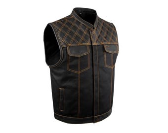Men’s Black Biker Leather Denim Vest - Motorbike Vest with Quilted Shoulders - Sleeveless Bikers Style Jacket - Handmade Gift for Him
