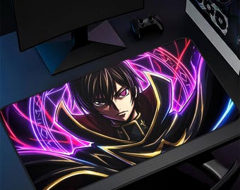 Donkere anime-bureaumat tovenaar, gamingmuismat, neonmagisch kunstwerk