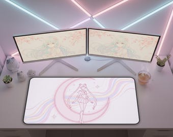 Tapete de escritorio con ilustración de luna creciente, arcoíris pastel de anime