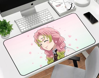Pink Sakura Anime Girl Desk Mat, Floral Cherry Blossom Mousepad