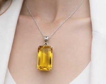Natural Emerald Cut Citrine Pendant Necklace, Golden Yellow Gemstone (100-110 Ct)