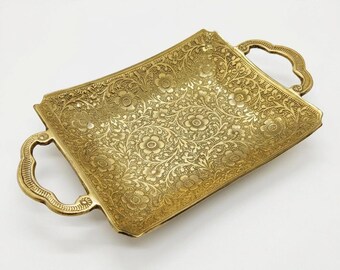 Ornate Brass Serving Tray, Indian Handcrafted Tray, Floral Engraved Decor, Antique Gold Home Accent, Housewarming Gift, Boho Decor