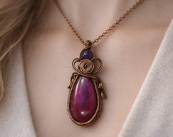 Handmade Pink Labradorite Teardrop Pendant Necklace – Boho Copper Wire Wrapped Jewelry