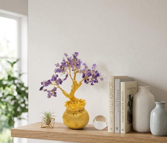 Handmade Amethyst Crystal Bonsai Tree, Golden Pot, Tree of Life Decor