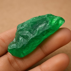 Op de afbeelding: Een levendige, ruwe smaragd edelsteen met een rijke, diepgroene tint. De ongeslepen steen vertoont een natuurlijke, onregelmatige vorm, die zijn kristallijne structuur laat zien. De edelsteen wordt in een hand gehouden, wat de grootte en kleur benadrukt.