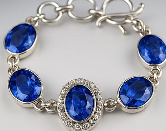 Blue Tanzanite Sterling Silver Bracelet: 75-80 ct Oval Gemstone
